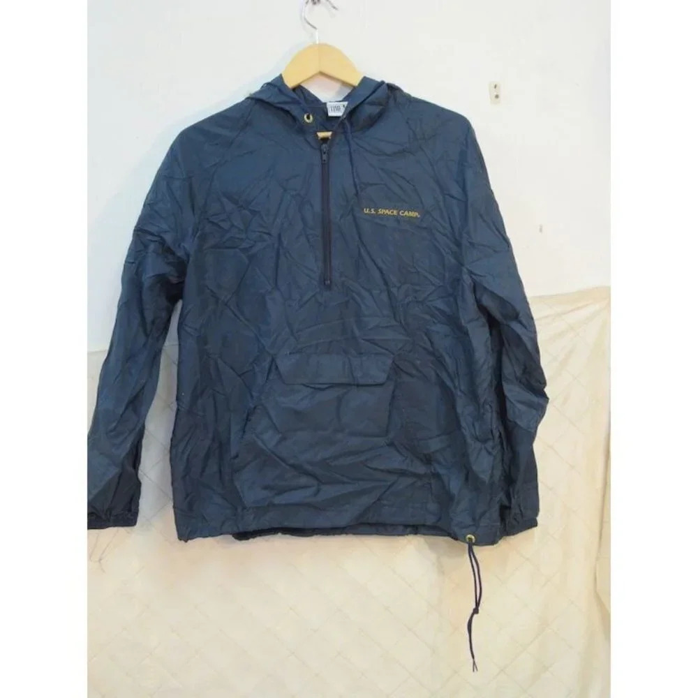 Vintage Windbreaker U.S. Space Camp  Jacket Half Zip Hooded Navy Blue Medium